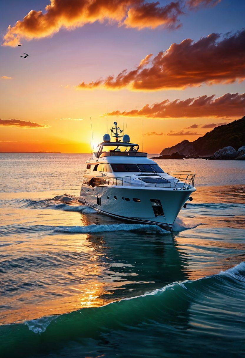 A serene coastal scene with a majestic yacht anchored gently on crystal clear waters, surrounded by rolling waves, and a vibrant sunset in the background. Include a seafarer inspecting protective gear and tools on the yacht, while seagulls glide overhead. The scene should convey tranquility and adventure, illustrating the essence of yacht protection in an inspiring way. super-realistic. vibrant colors. 3D.