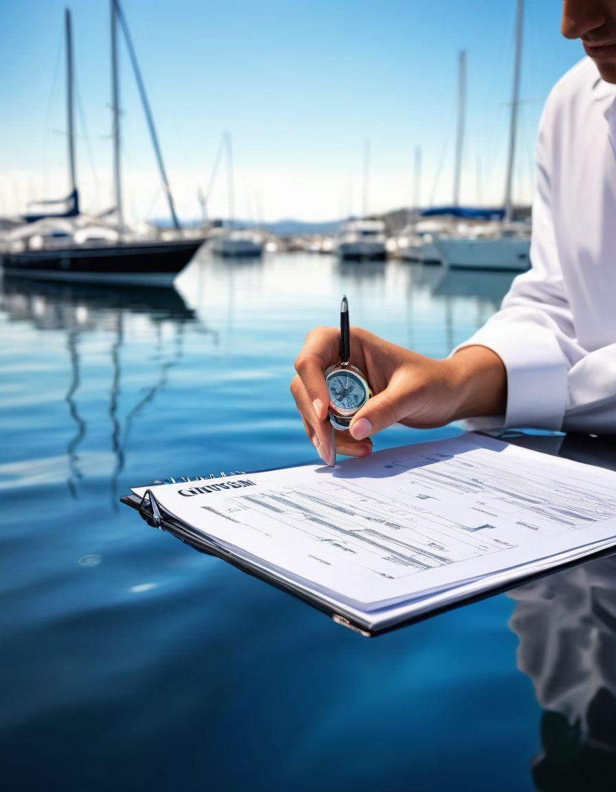 A serene marina scene featuring a collection of luxurious boats and yachts, with a focus on a majestic yacht under a clear blue sky. Nearby, a confident sailor is reviewing a chart, symbolizing navigation and strategy. In the foreground, an open folder displaying essential policy documents and a compass, highlighting the concept of risk management. Splashing water and vibrant reflections enhance the atmosphere. super-realistic. vibrant colors. peaceful background.