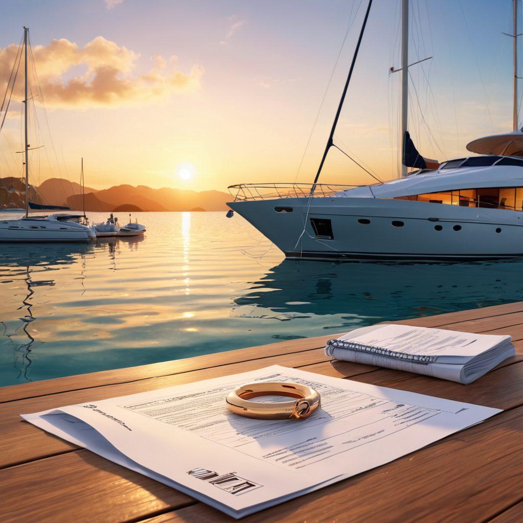 A serene marina scene at sunset featuring a luxurious yacht docked peacefully, with protective cover and life rings visible. In the foreground, a confident yacht owner inspects insurance documents, symbolizing security and investment. The background includes gentle waves and distant islands, invoking a sense of adventure and tranquility. super-realistic. vibrant colors. 3D.